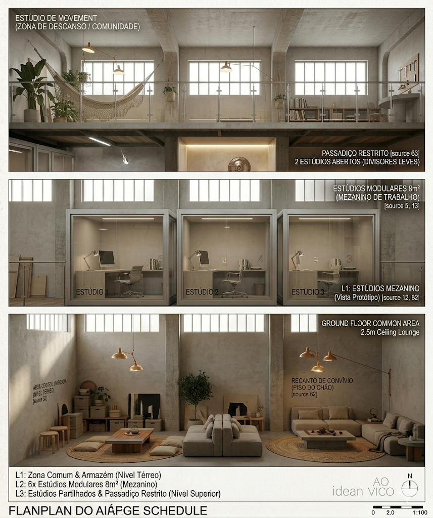 Exploded view of all three levels — L3: shared studios with movement space and hammock at top, L2: three modular 8m² work studios in the middle, L1: ground floor common area and lounge with 2.5m ceiling