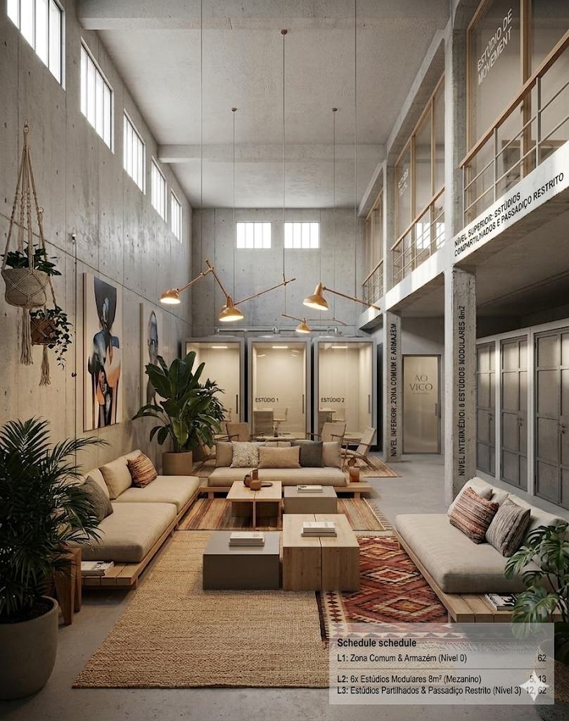 Uptown Palmela interior render showing three levels: L1 common zone and warehouse at ground level, L2 six modular 8m² studios at mezzanine, L3 shared studios and restricted walkway above