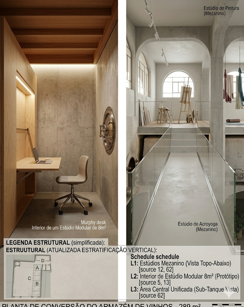 Left: Interior of a modular 8m² studio inside a wine tank with Murphy desk and warm wood finishes. Right: View from the mezzanine walkway showing painting and acroyoga studios.
