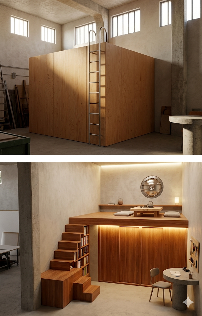 Tea room module renders — wooden loft with integrated staircase storage, raised platform with low tea table and floor cushions, set within the industrial concrete shell